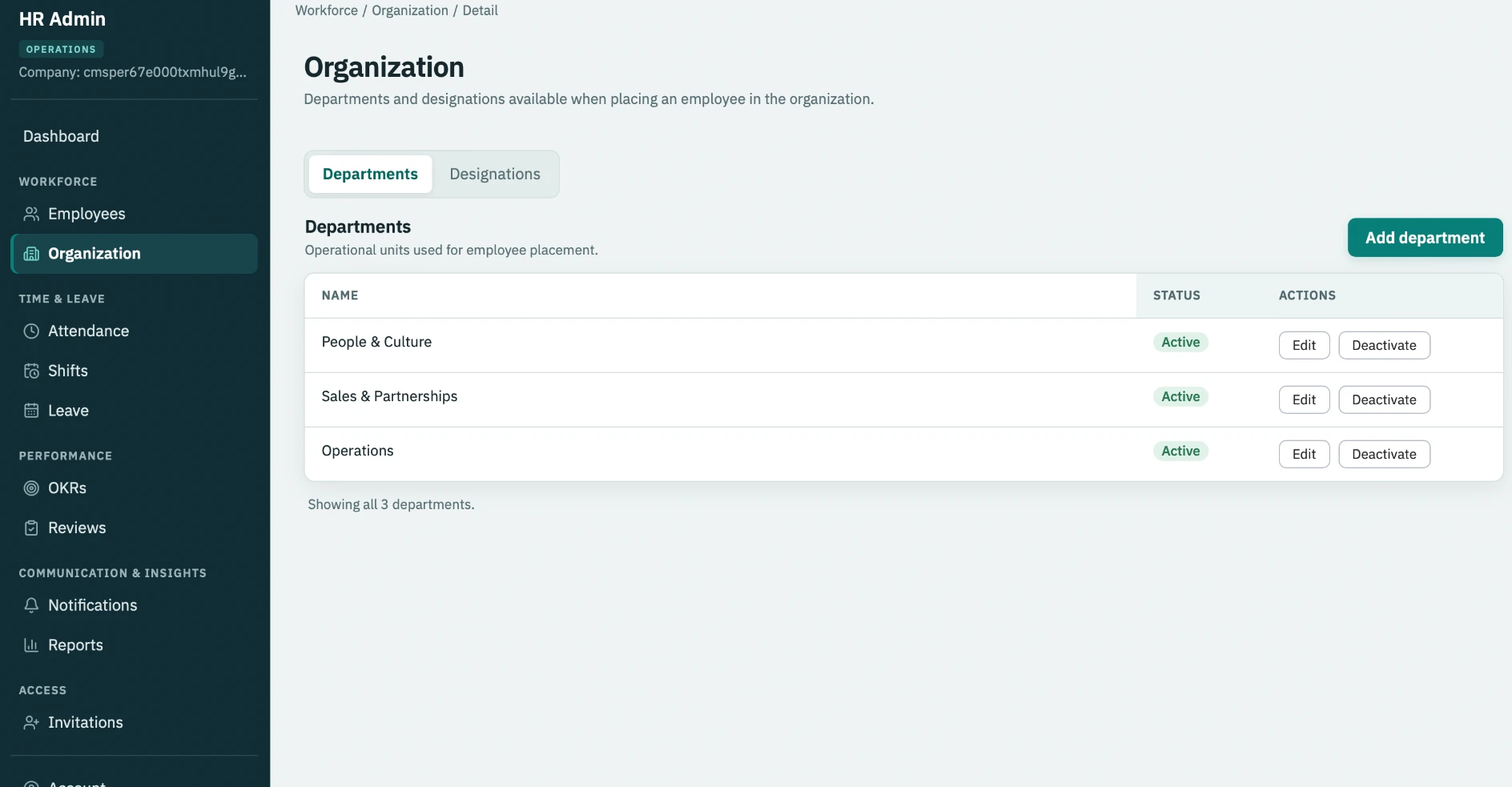 Workforce Management — Departments and designations used when placing an employee